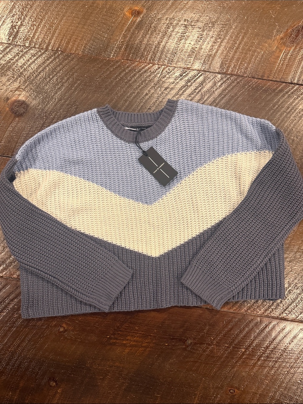 moon & madison Blue and Cream Chevron Crewneck Sweater